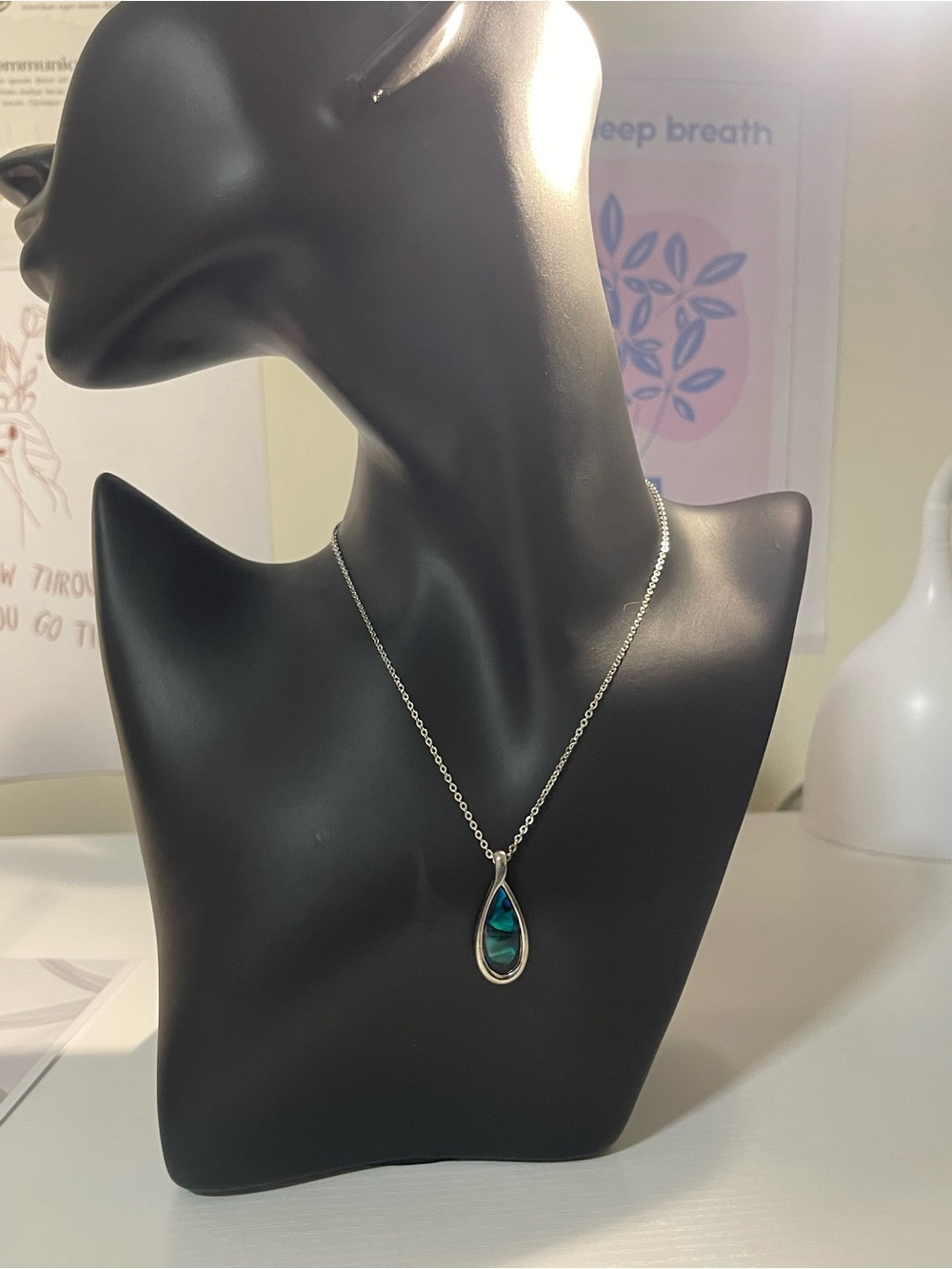 Sterling Teardrop Abalone Pendant Necklace - Blue Green